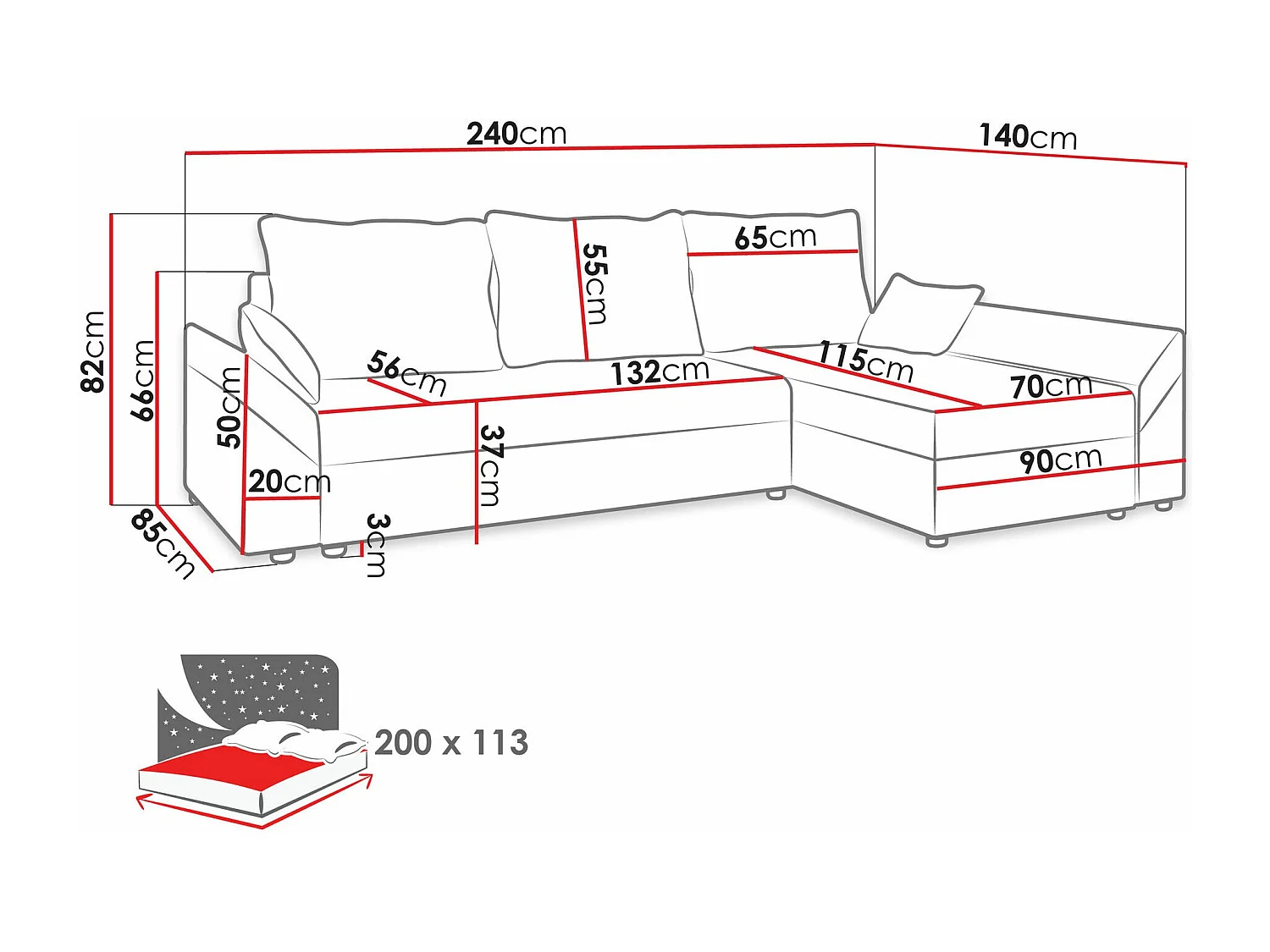 Canapé d'angle Memphis 104, Noir, Fonction de couchage, Boîte de literie, 240x140x82cm