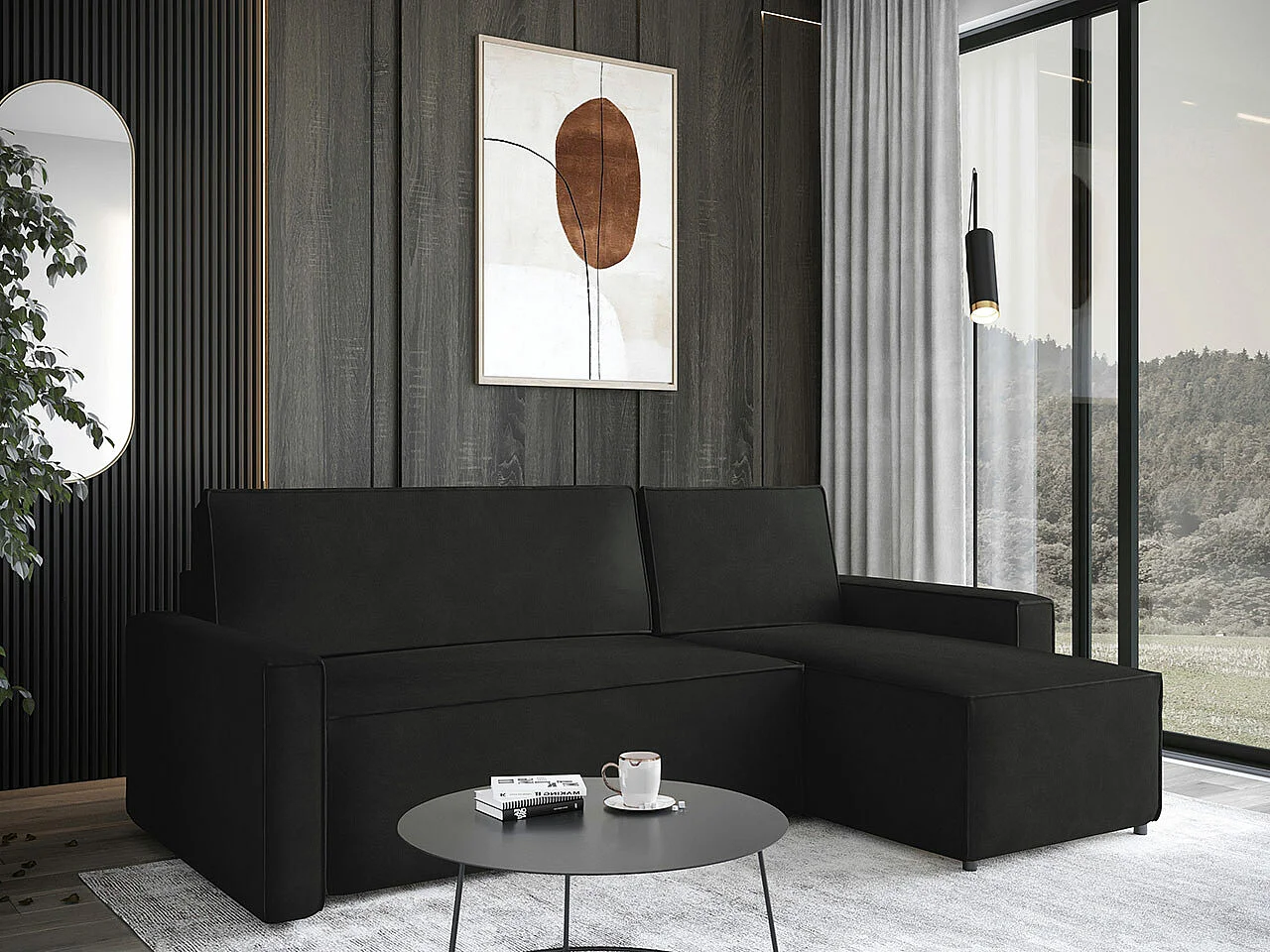 Sofá rinconero Stamford 108, Negro, Función de descanso, Caja de ropa de cama, 235x150cm