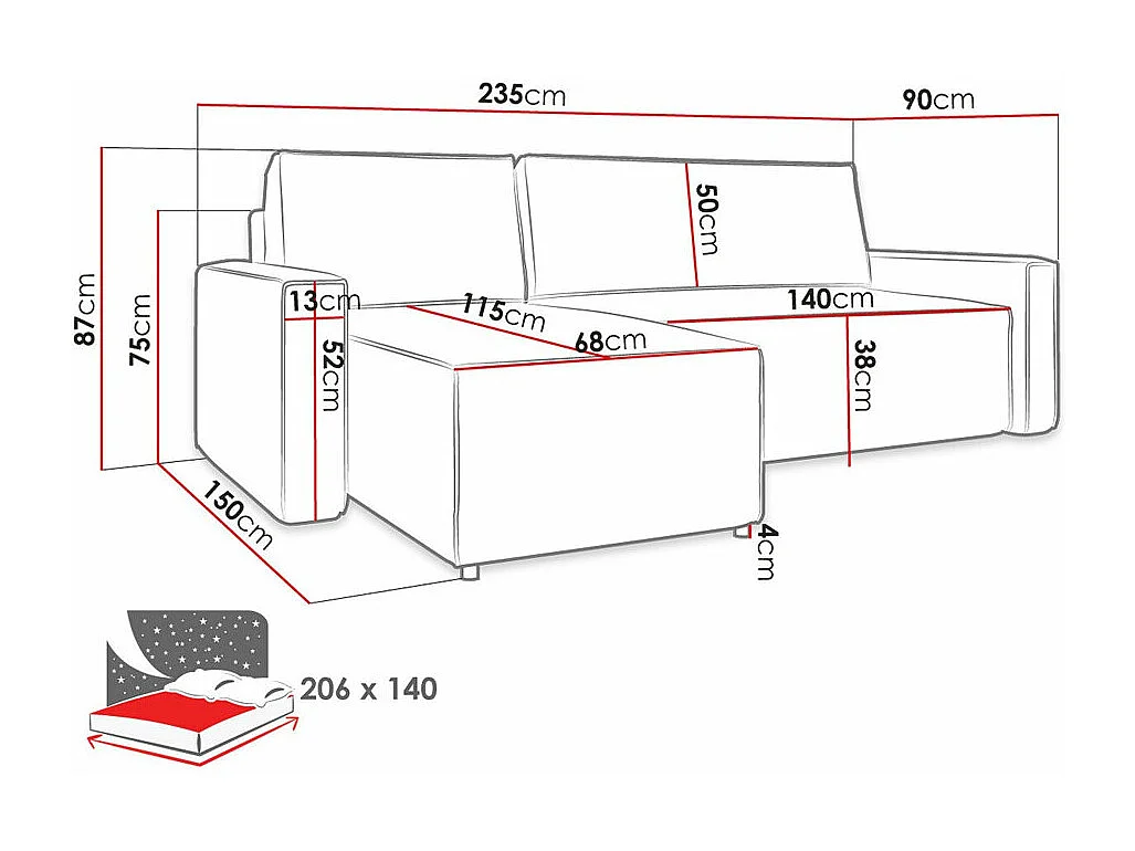 Sofá rinconero Stamford 108, Negro, Función de descanso, Caja de ropa de cama, 235x150cm
