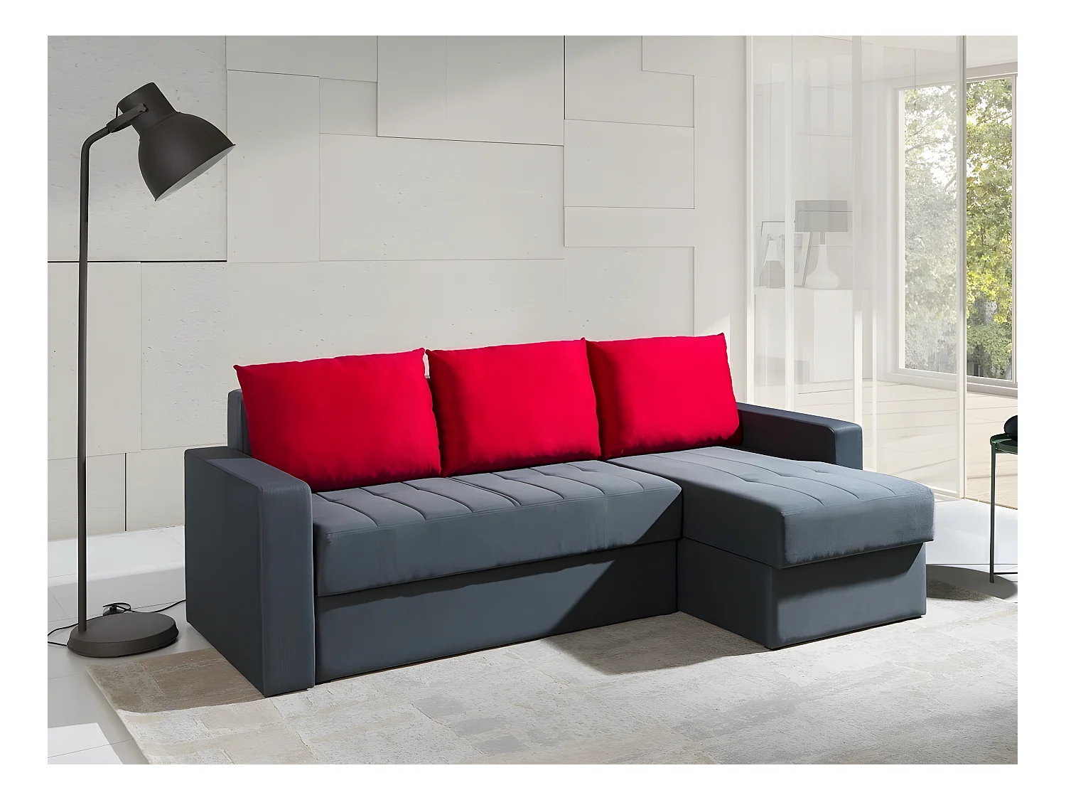 Canapé d'angle Providence 103, Gris, Fonction de couchage, Boîte de literie, 233x140x77cm