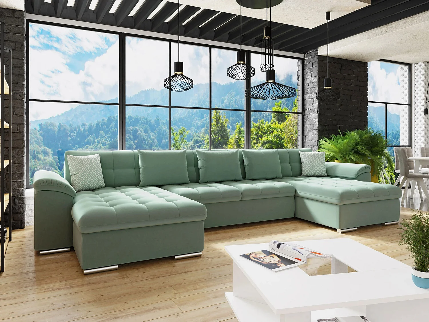 Canapé d'angle Comfivo 111, Turquoise, Fonction de couchage, 375x155x76cm