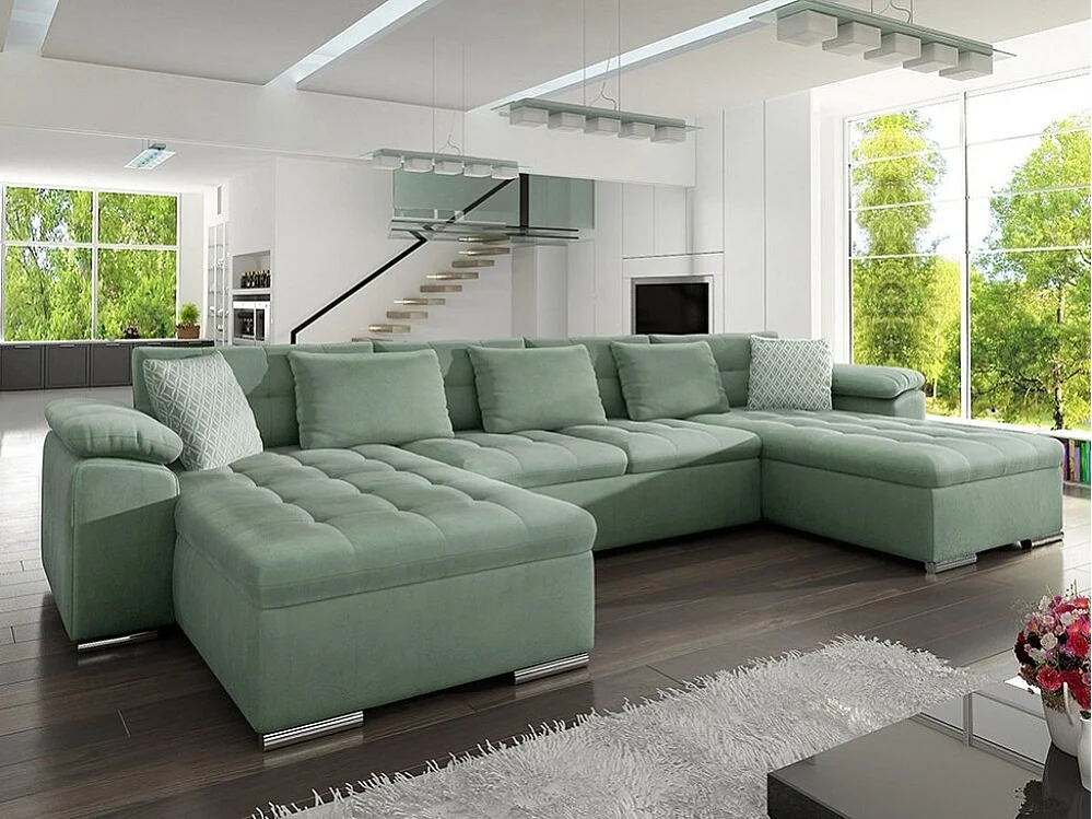 Canapé d'angle Comfivo 111, Turquoise, Fonction de couchage, 375x155x76cm