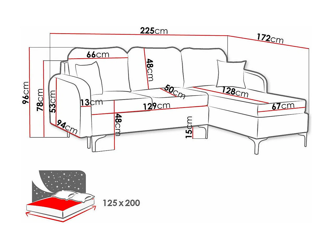 Canapé d'angle Torlua 103, Noir, Fonction de couchage, Boîte de literie, 225x172x96cm