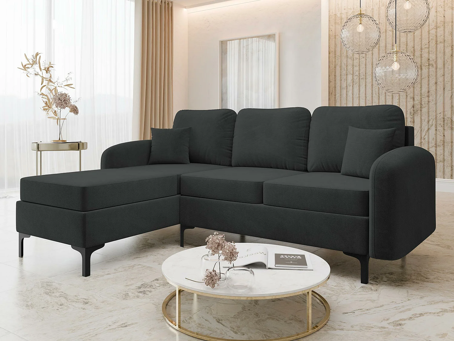 Canapé d'angle Torlua 103, Noir, Disponible, 225x172x96cm