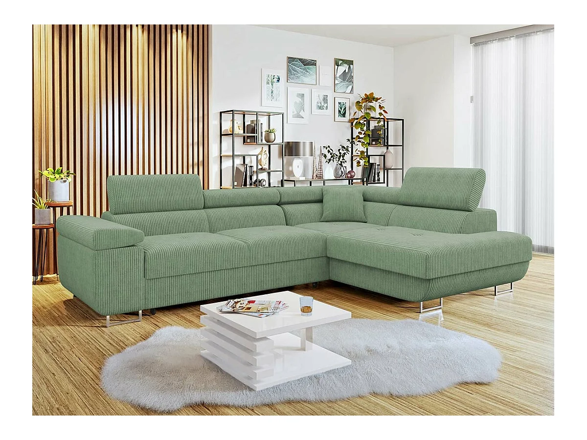 Canapé d'angle Comfivo Eliferu 100, Vert, Fonction de couchage, Boîte de literie, 274cm