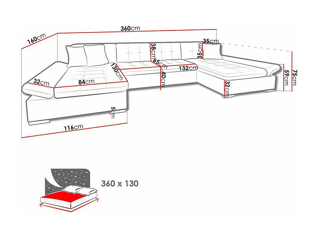 Sofá rinconero Comfivo 240, Gris, Función de descanso, Almacenaje, 360x160x75cm