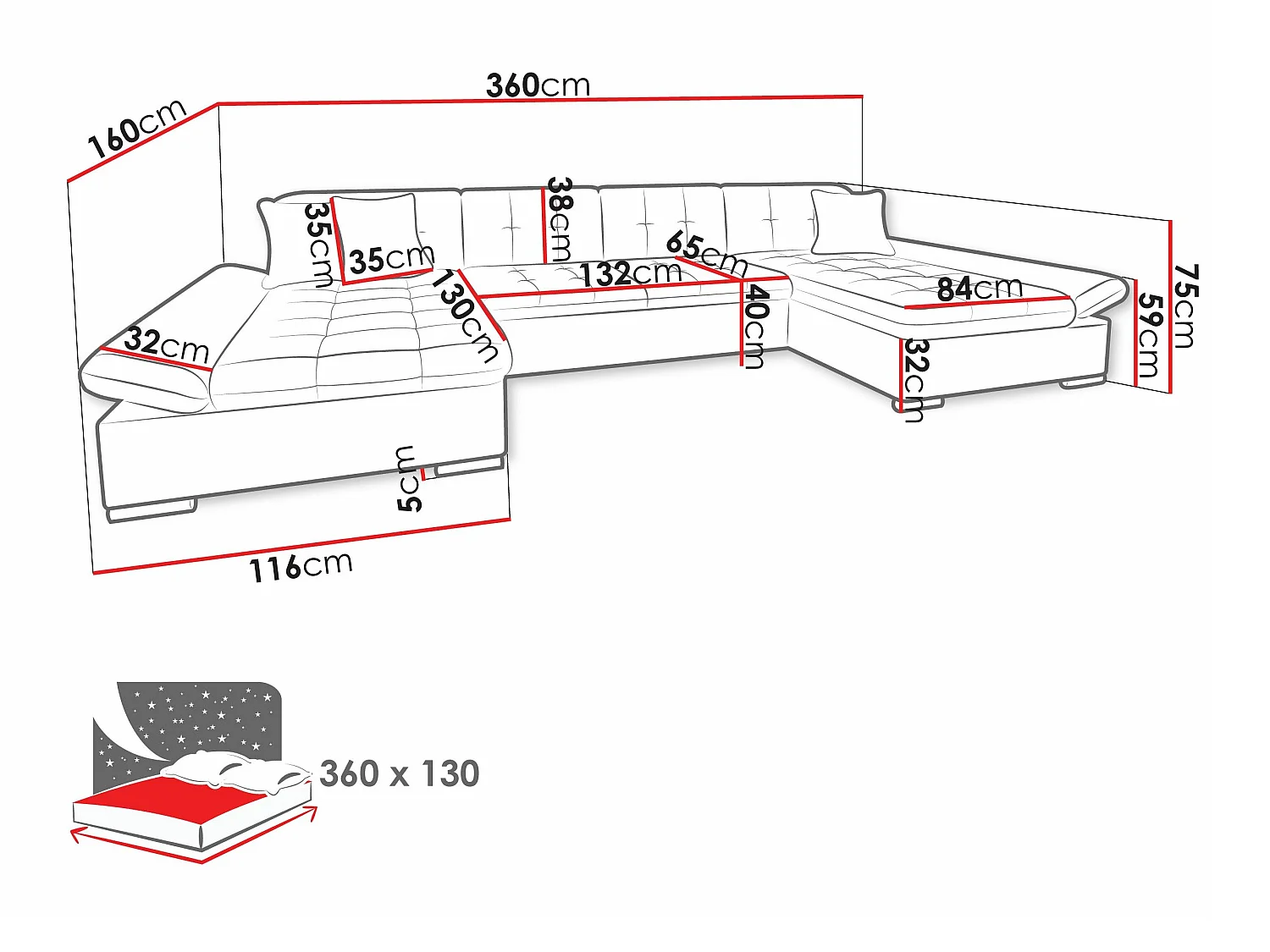 Canapé d'angle convertible 3 places en tissu gris 360x160x75 cm