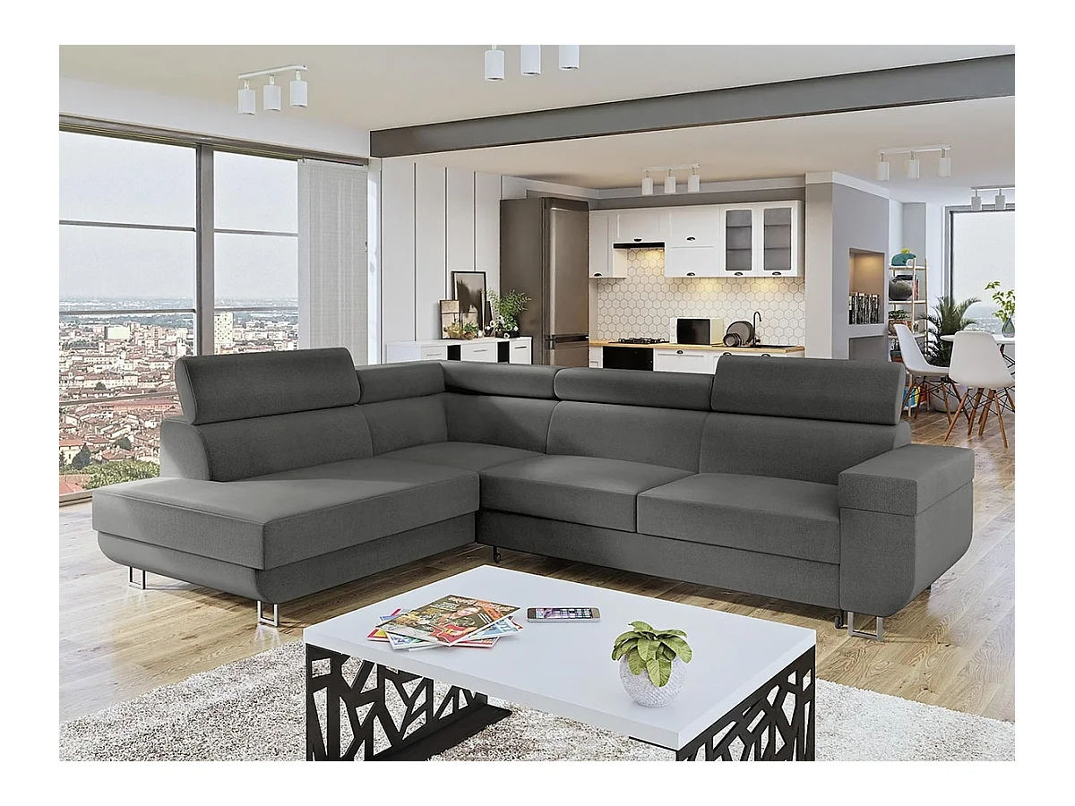 Canapé d'angle Comfivo 306, Gris, Fonction de couchage, Boîte de literie, 253x188x71cm