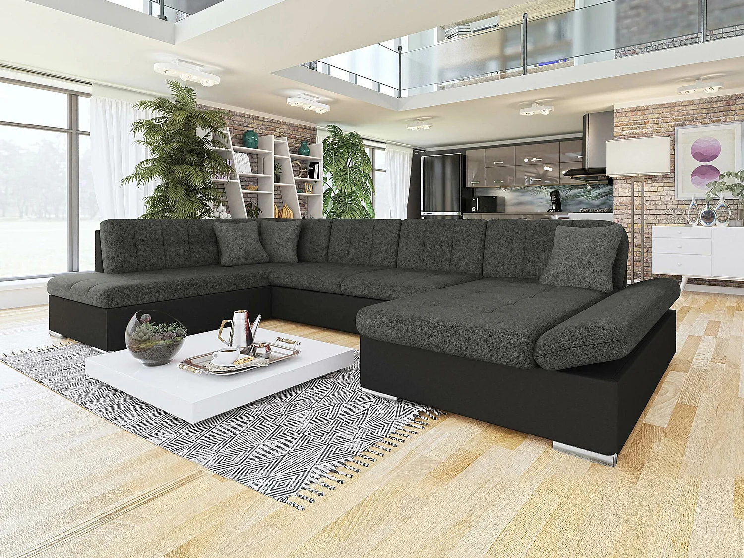 Sofá rinconero Comfivo Tilia, Gris oscuro, Función de descanso, Almacenaje, 345x205x76cm