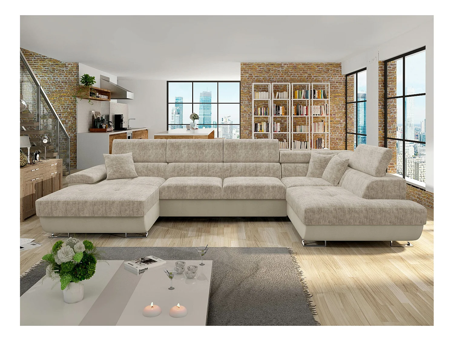 Canapé d'angle Comfivo 249, Brun clair, Fonction de couchage, Boîte de literie, 345x202cm