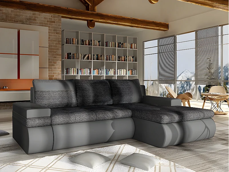 Canapé d'angle Temple 101, Gris, Fonction de couchage, Boîte de literie, 245x182x90cm