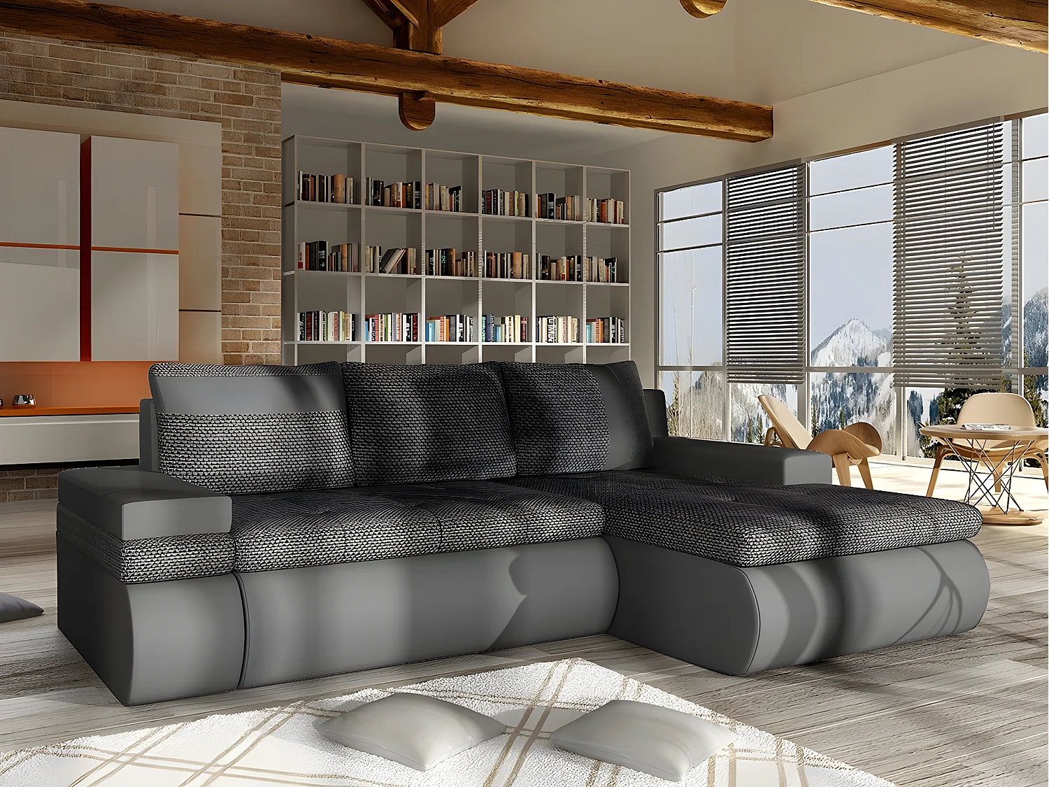 Canapé d'angle Temple 101, Gris, Fonction de couchage, Boîte de literie, 245x182x90cm