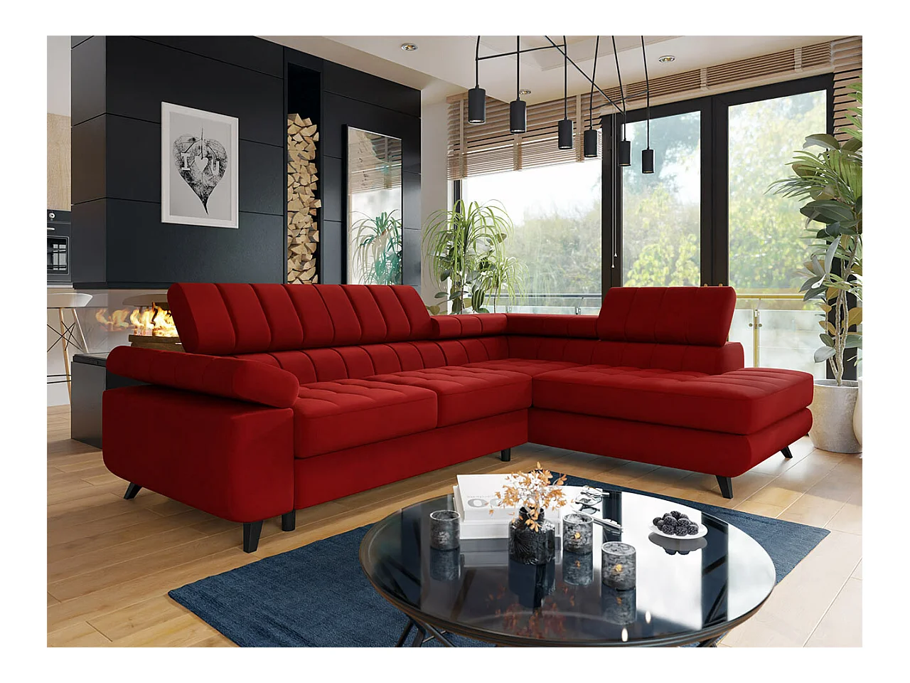 Canapé d'angle Comfivo 207, Rouge, Fonction de couchage, Boîte de literie, 264x203x73cm