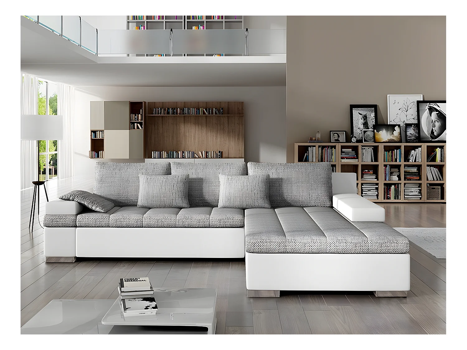 Canapé d'angle Comfivo 113, Gris, Fonction de couchage, Boîte de literie, 310x175x83cm