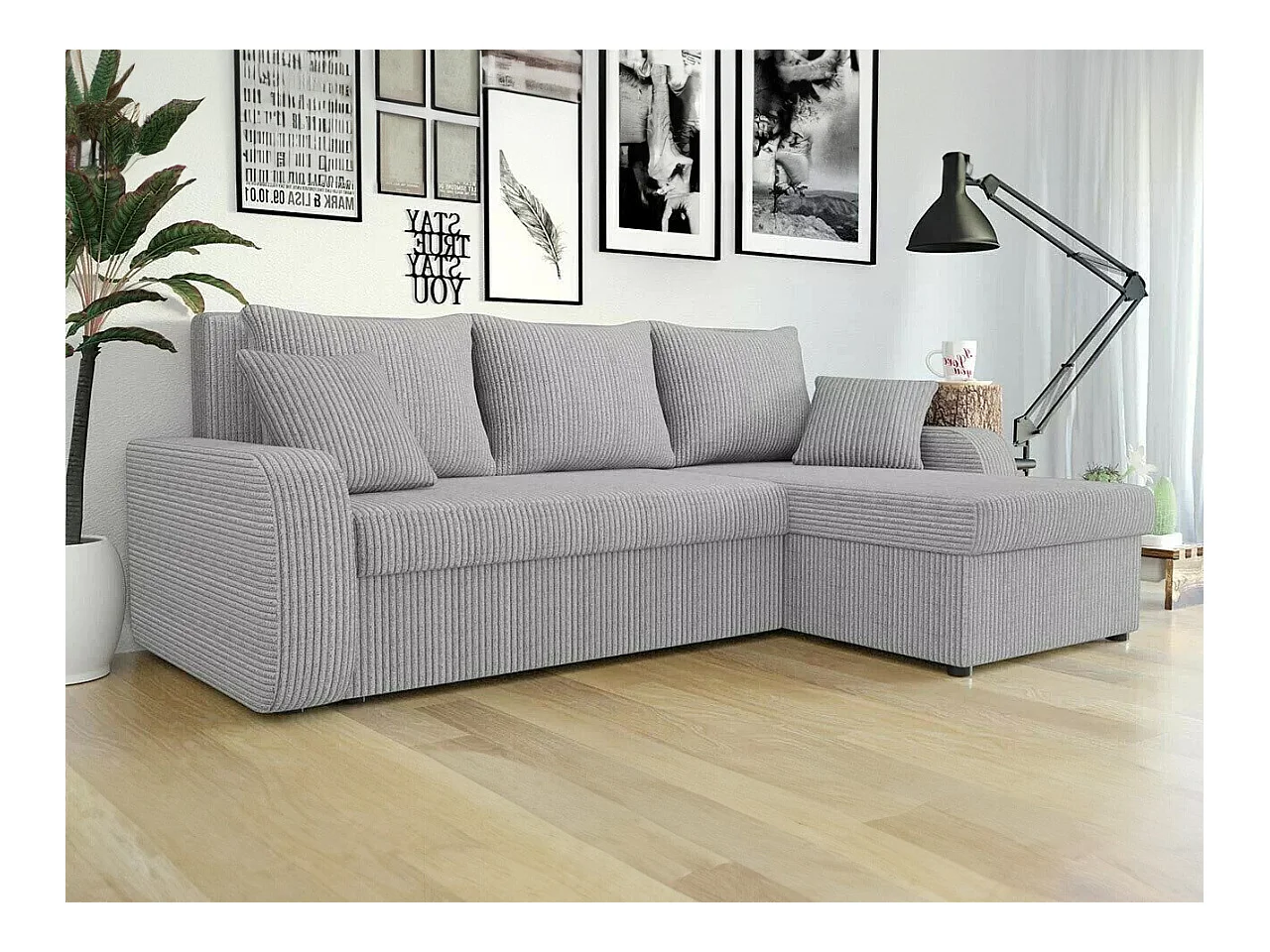 Canapé d'angle Comfivo 203, Gris, Fonction de couchage, Boîte de literie, 238x147x80cm