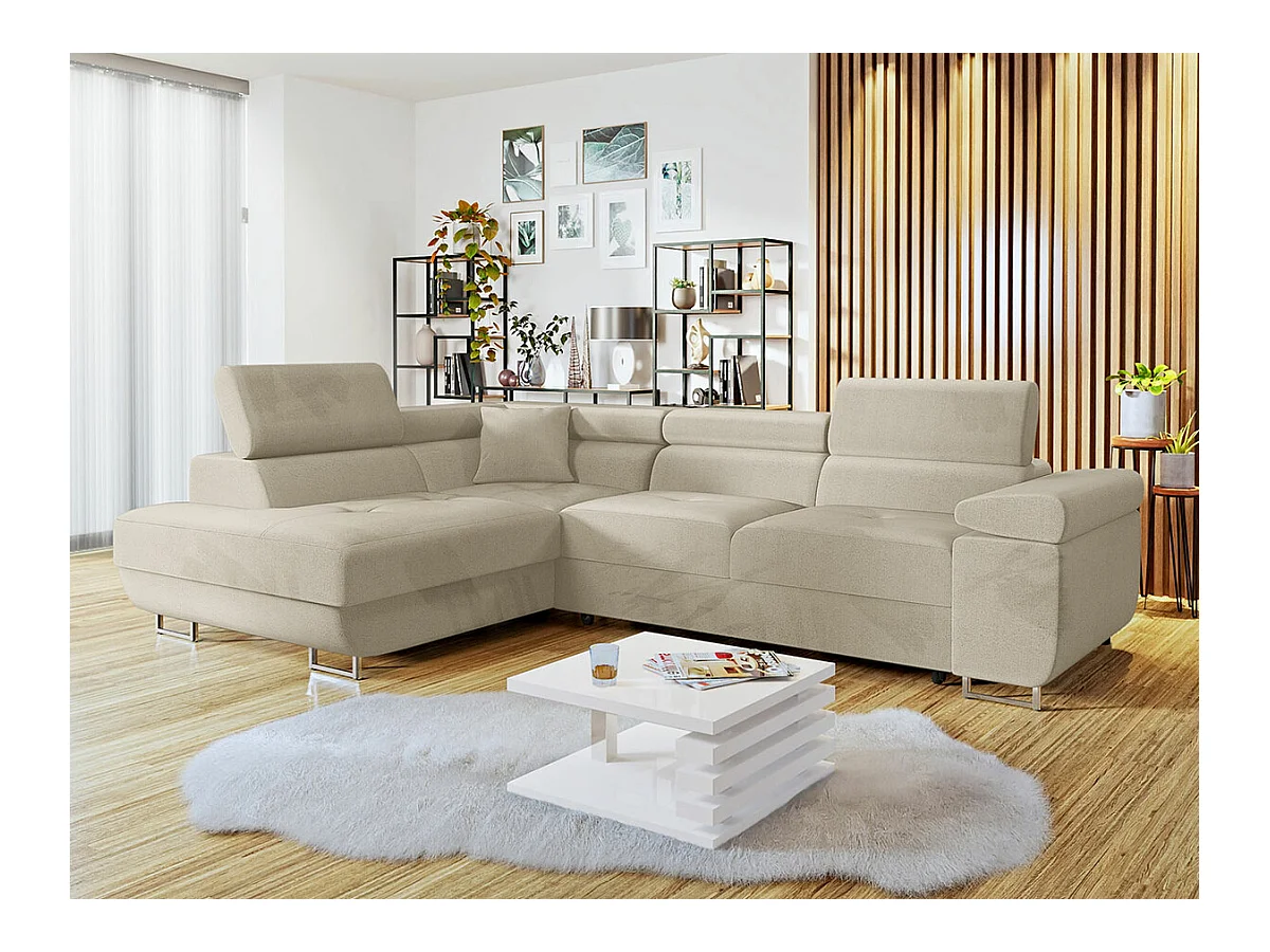 Canapé d'angle Comfivo Eliferu 100, Brun clair, Fonction de couchage, Boîte de literie,