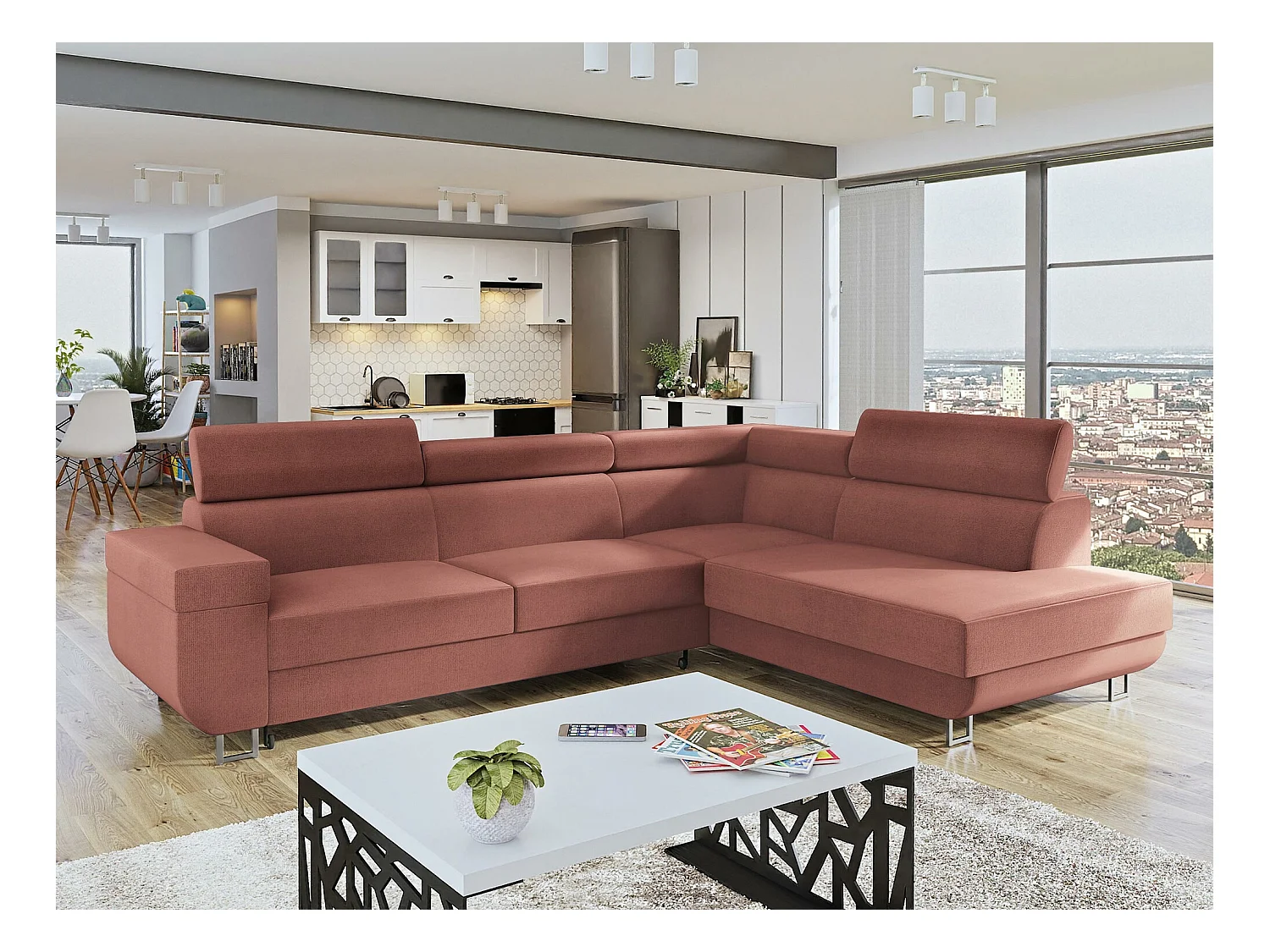 Canapé d'angle Comfivo 306, Rose, Fonction de couchage, Boîte de literie, 253x188x71cm