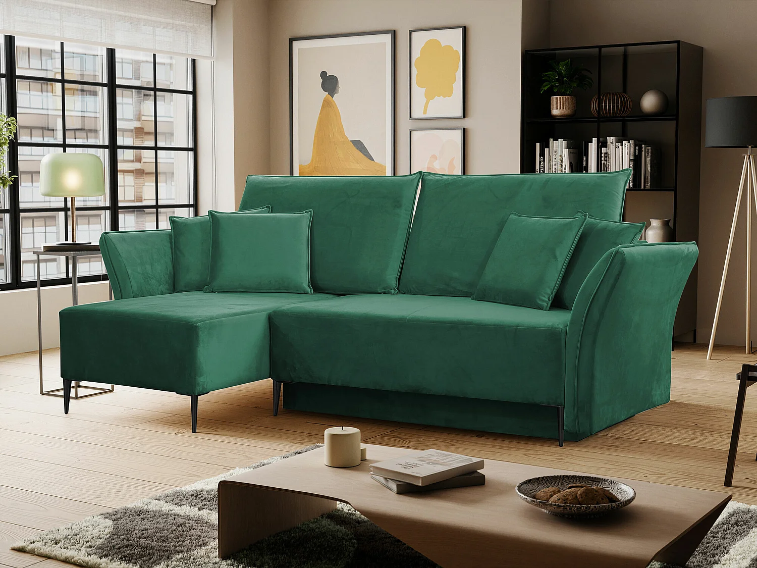 Canapé d'angle Providence 146, Vert, Fonction de couchage, Boîte de literie, 247x142x96cm