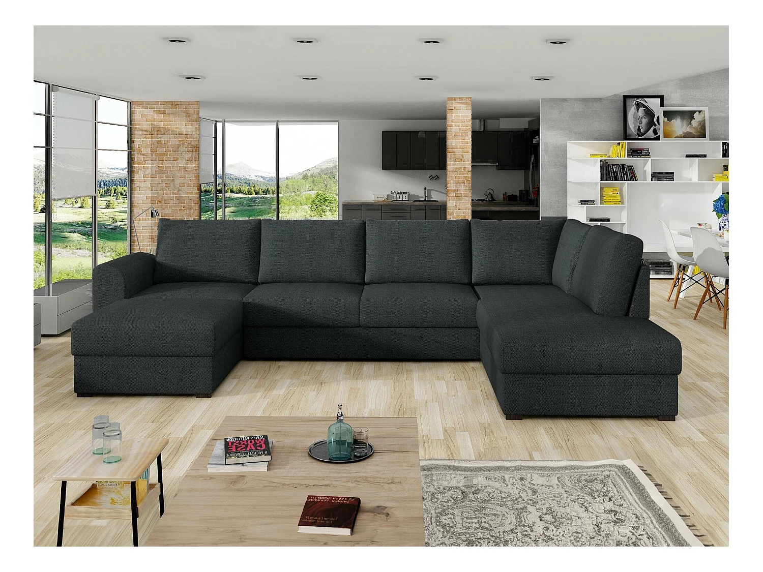 Canapé d'angle Comfivo 189, Gris, Fonction de couchage, Boîte de literie, 305x188x85cm