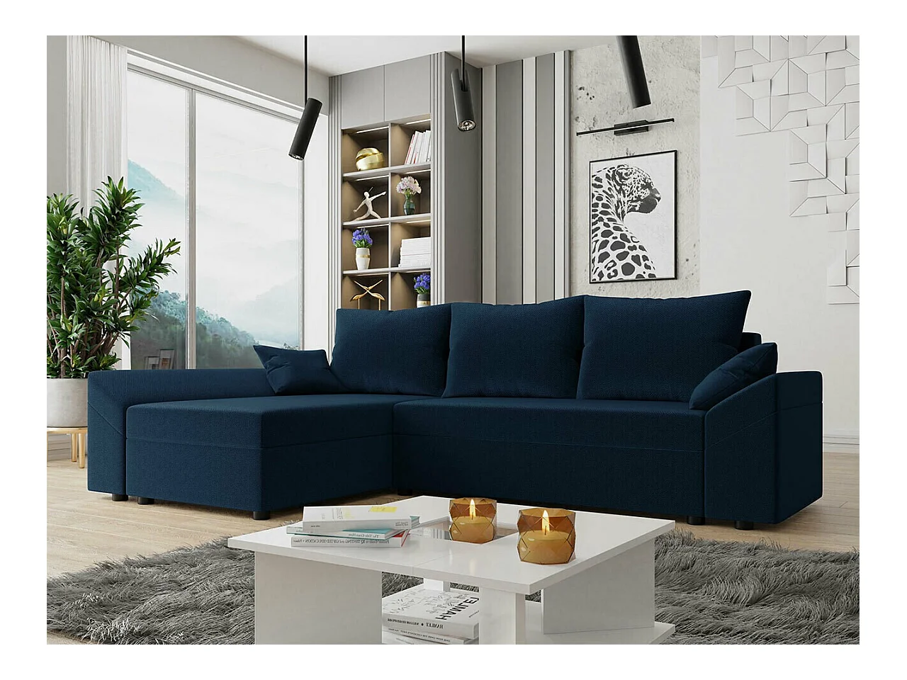 Sofá rinconero Memphis 130, Azul, Función de descanso, Almacenaje, 240x140x82cm