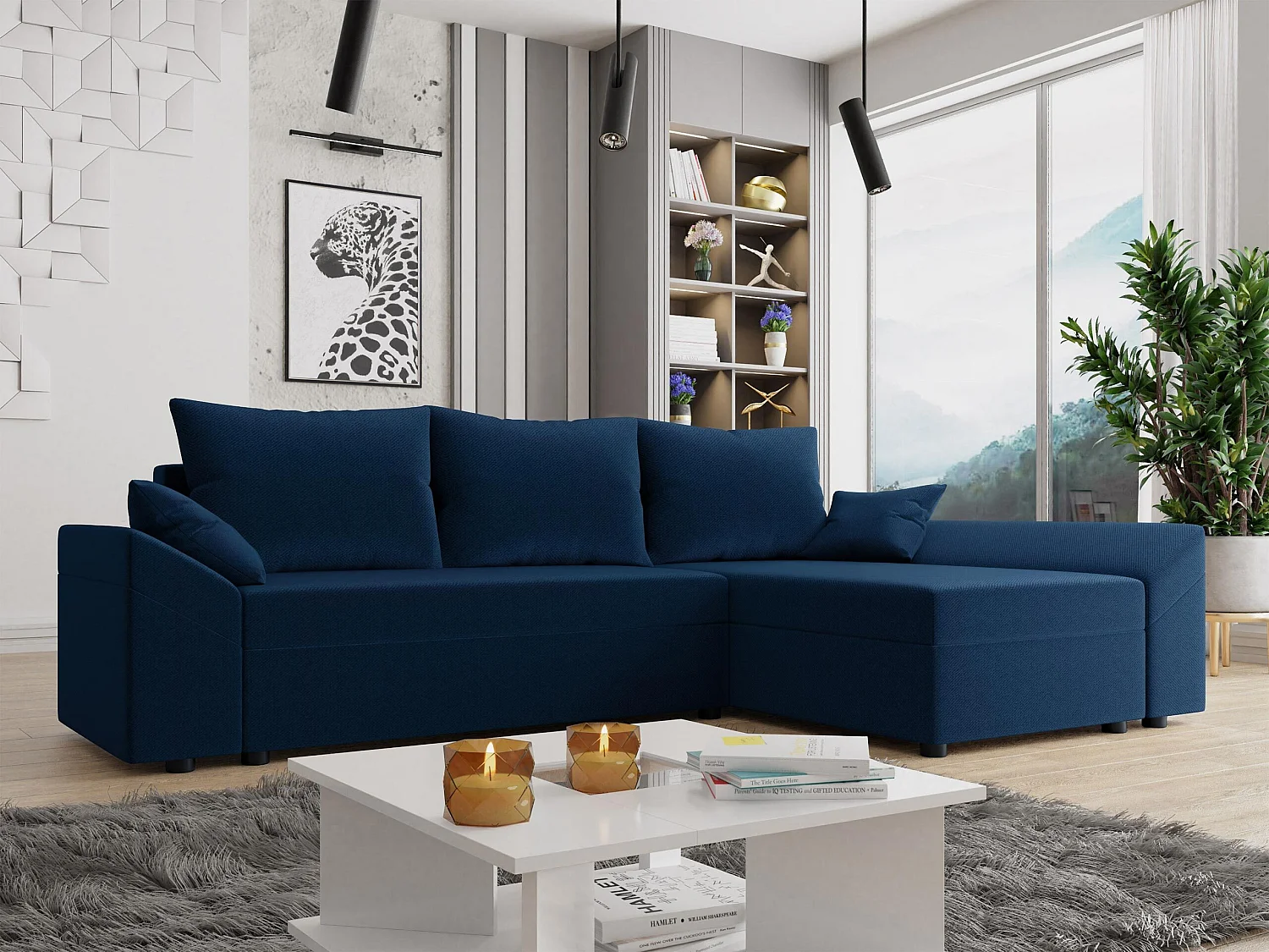 Canapé d'angle Memphis 130, Bleu, Disponible, 240x140x82cm