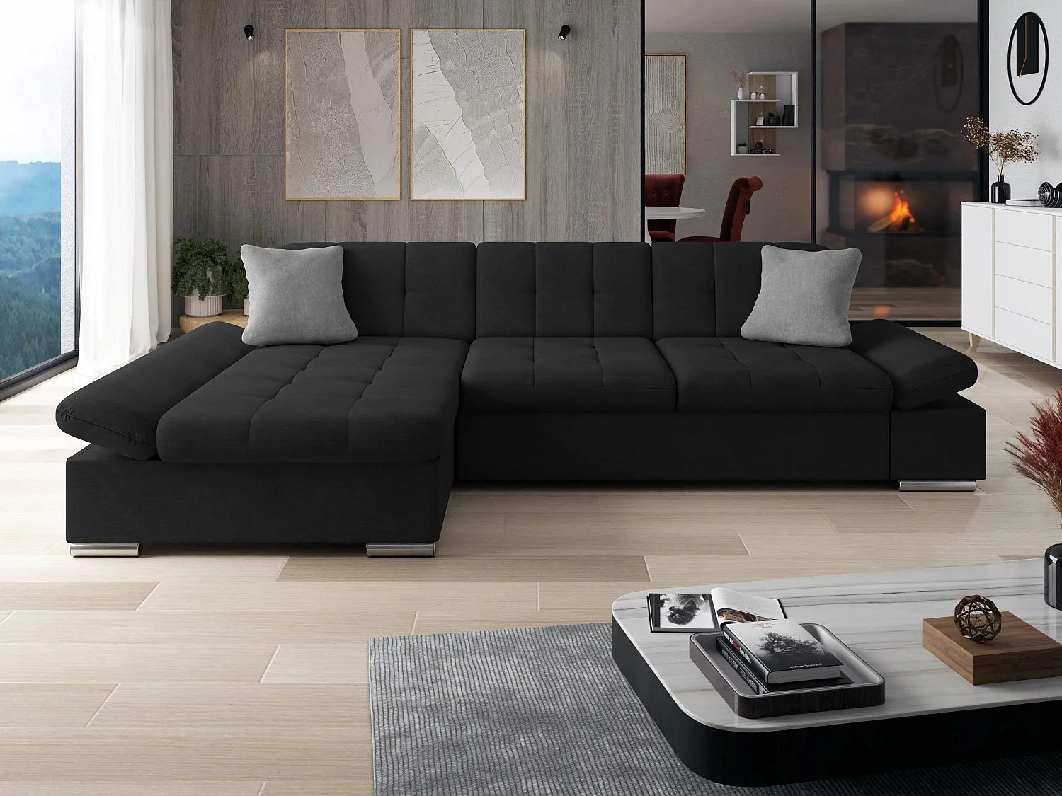 Sofá rinconero Comfivo Serenitas, Negro, 278x161x76cm