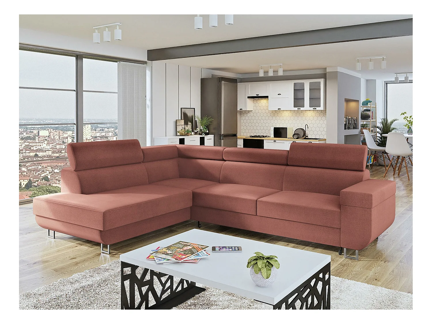Canapé d'angle Comfivo 306, Rose, Fonction de couchage, Boîte de literie, 253x188x71cm