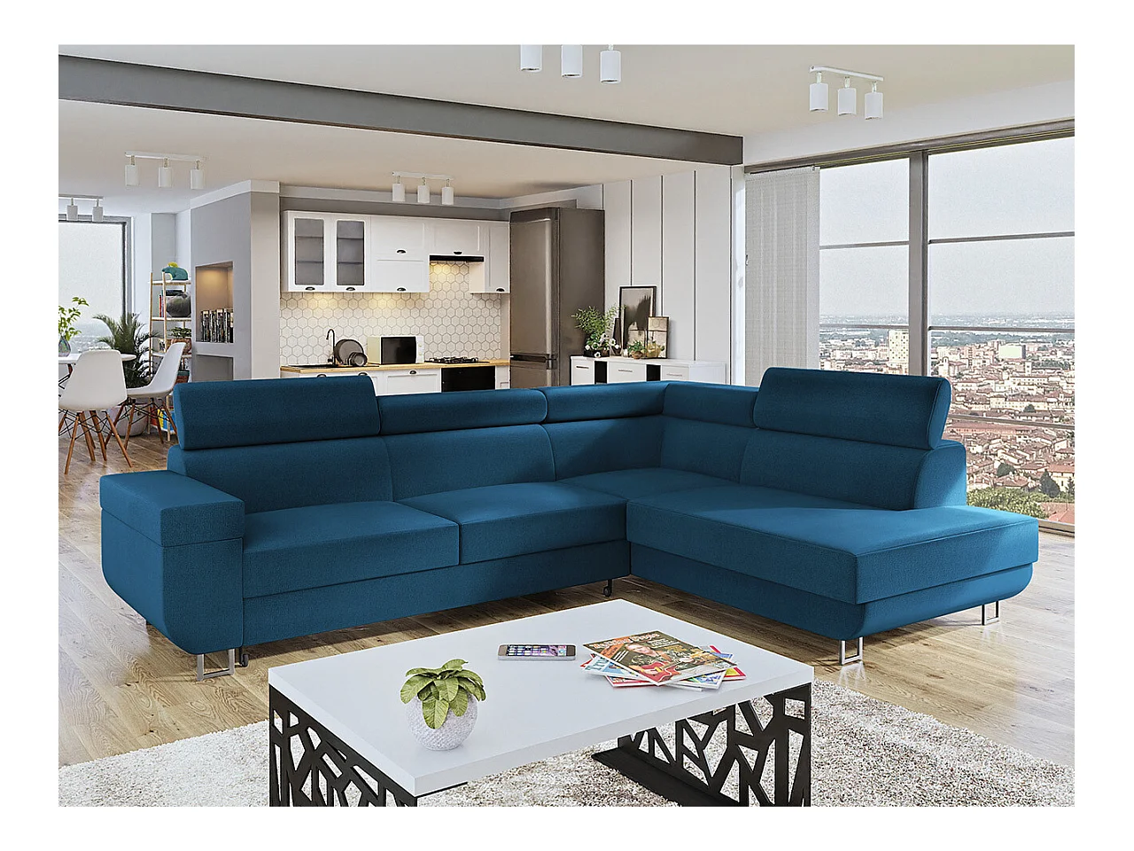 Canapé d'angle Comfivo 306, Bleu, Fonction de couchage, Boîte de literie, 253x188x71cm