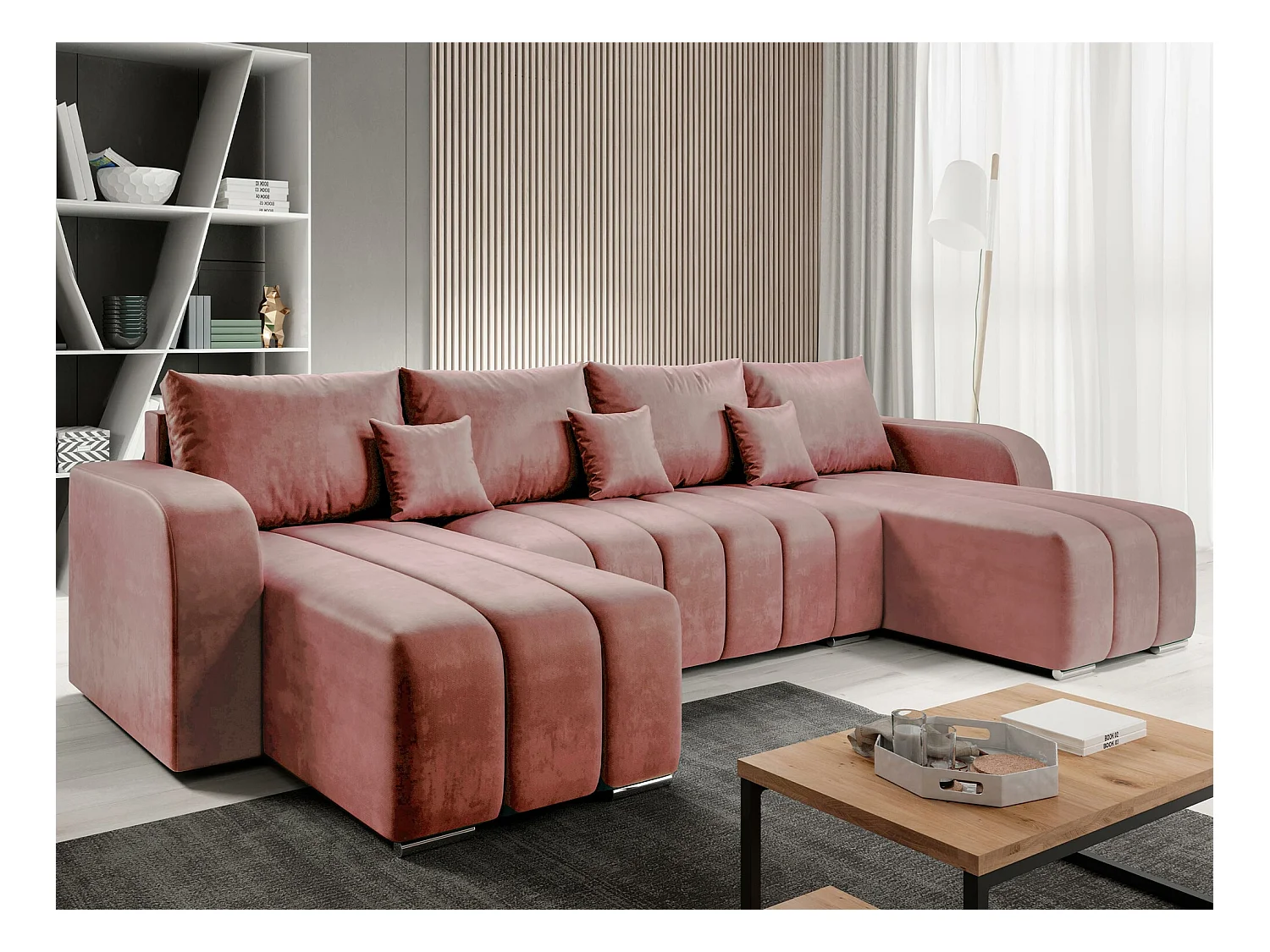 Canapé d'angle Muncie 108, Rose, Fonction de couchage, Boîte de literie, 313x147x86cm