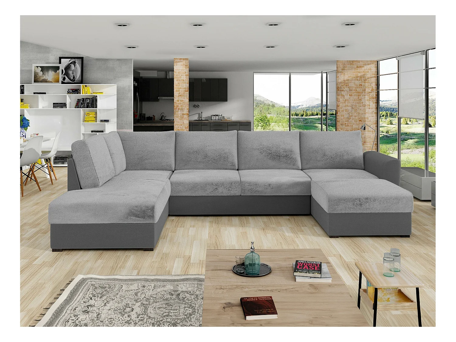 Canapé d'angle Comfivo 189, Gris, Fonction de couchage, Boîte de literie, 305x188x85cm