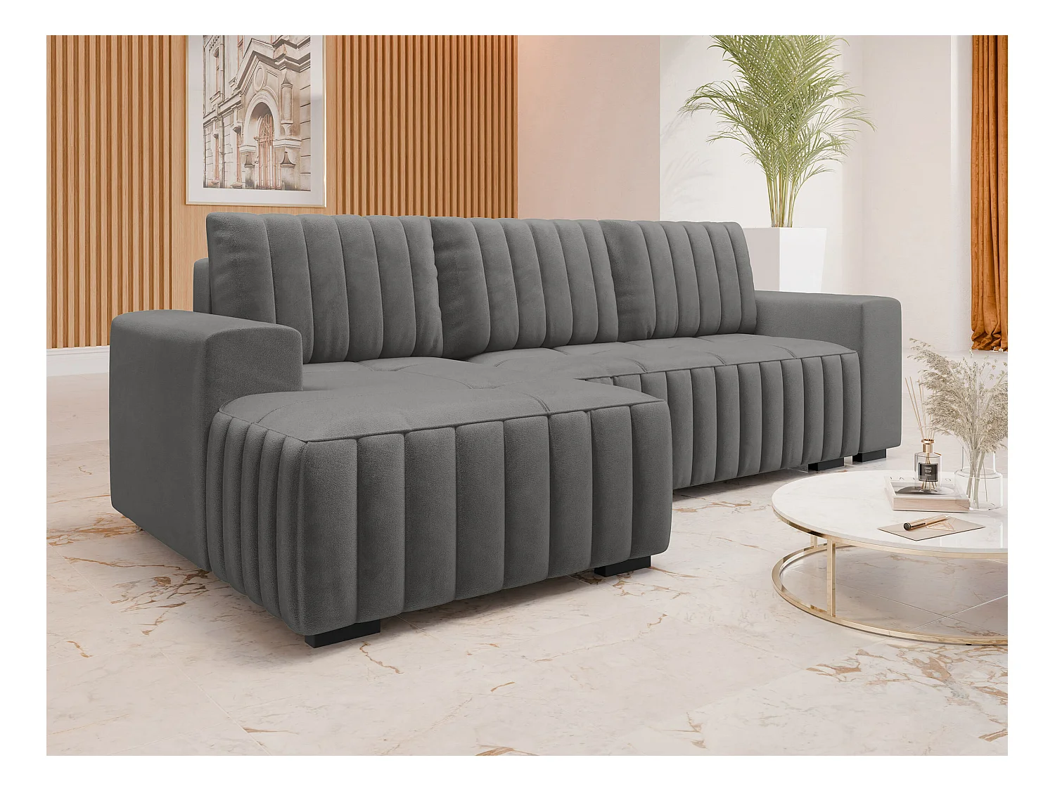Canapé d'angle Columbus 154, Gris, Fonction de couchage, Boîte de literie, 240x140x85cm
