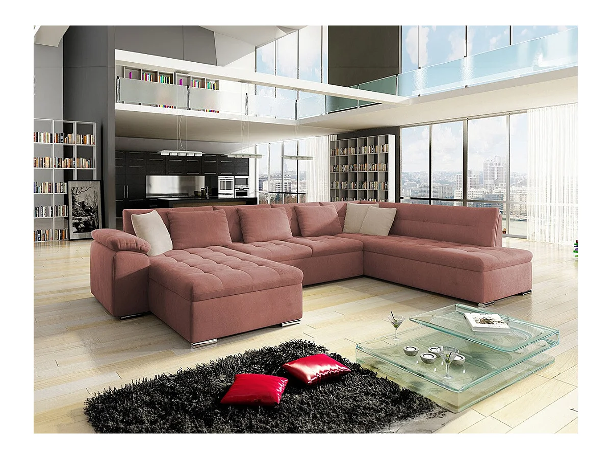 Canapé d'angle Comfivo 114, Rose, Fonction de couchage, Boîte de literie, 348x205x76cm