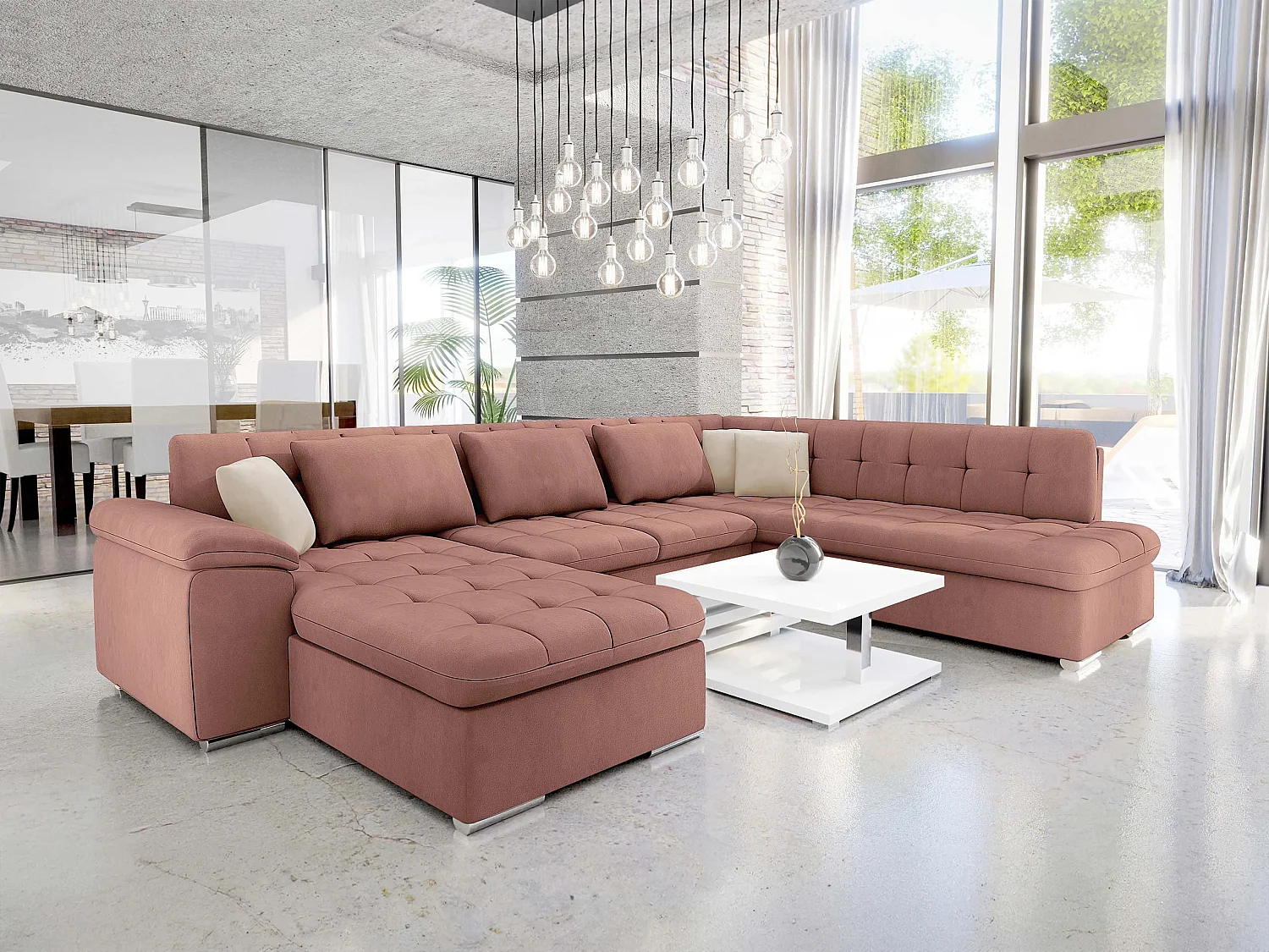 Sofá rinconero Comfivo Gemma, Rosa, Función de descanso, Almacenaje, 348x205x76cm