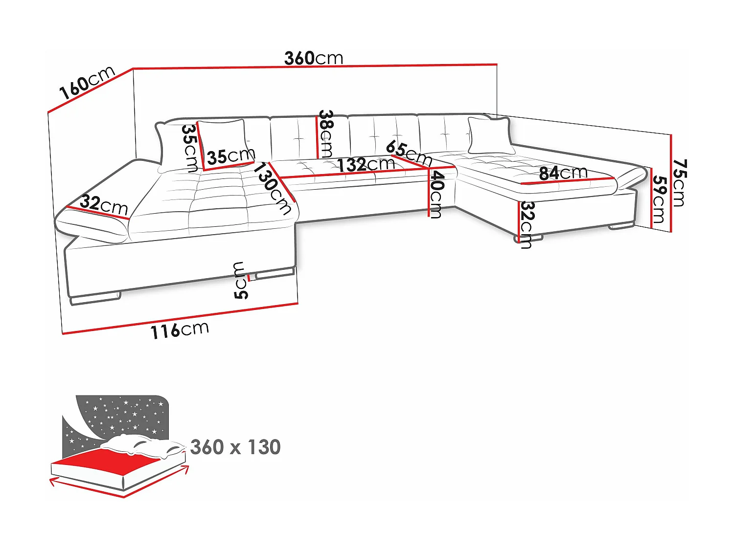 Sofá rinconero Comfivo 240, Blanco, Función de descanso, Almacenaje, 360x160x75cm