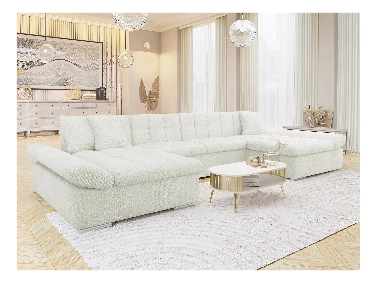 Canapé d'angle Comfivo 240, Blanc, Fonction de couchage, Boîte de literie, 360x160x75cm