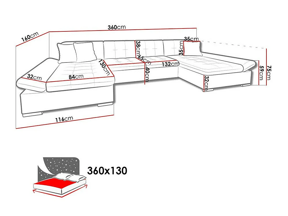 Canapé d'angle convertible 3 places en tissu blanc 360x160x75 cm