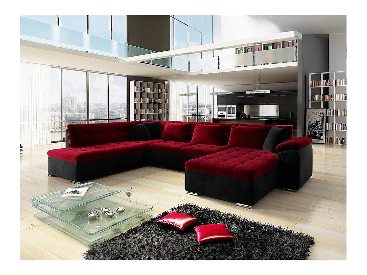 Canapé d'angle Comfivo 114, Rouge, Fonction de couchage, Boîte de literie, 348x205x76cm