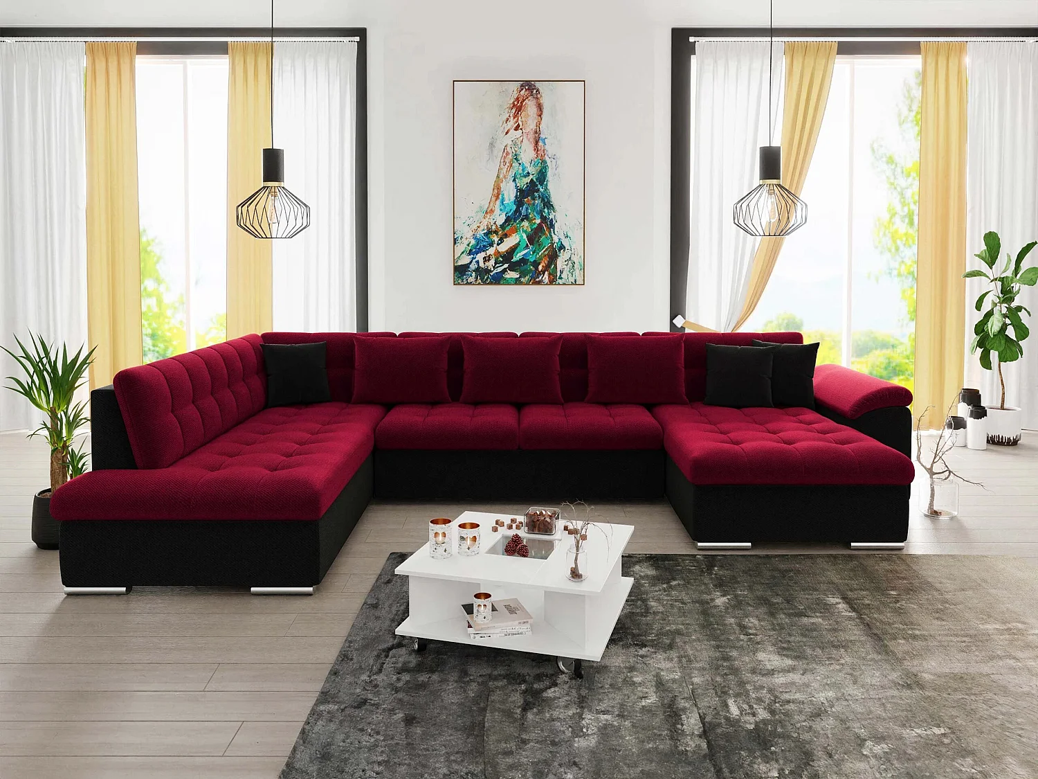 Canapé d'angle convertible 3 places en tissu rouge 348x205x76 cm