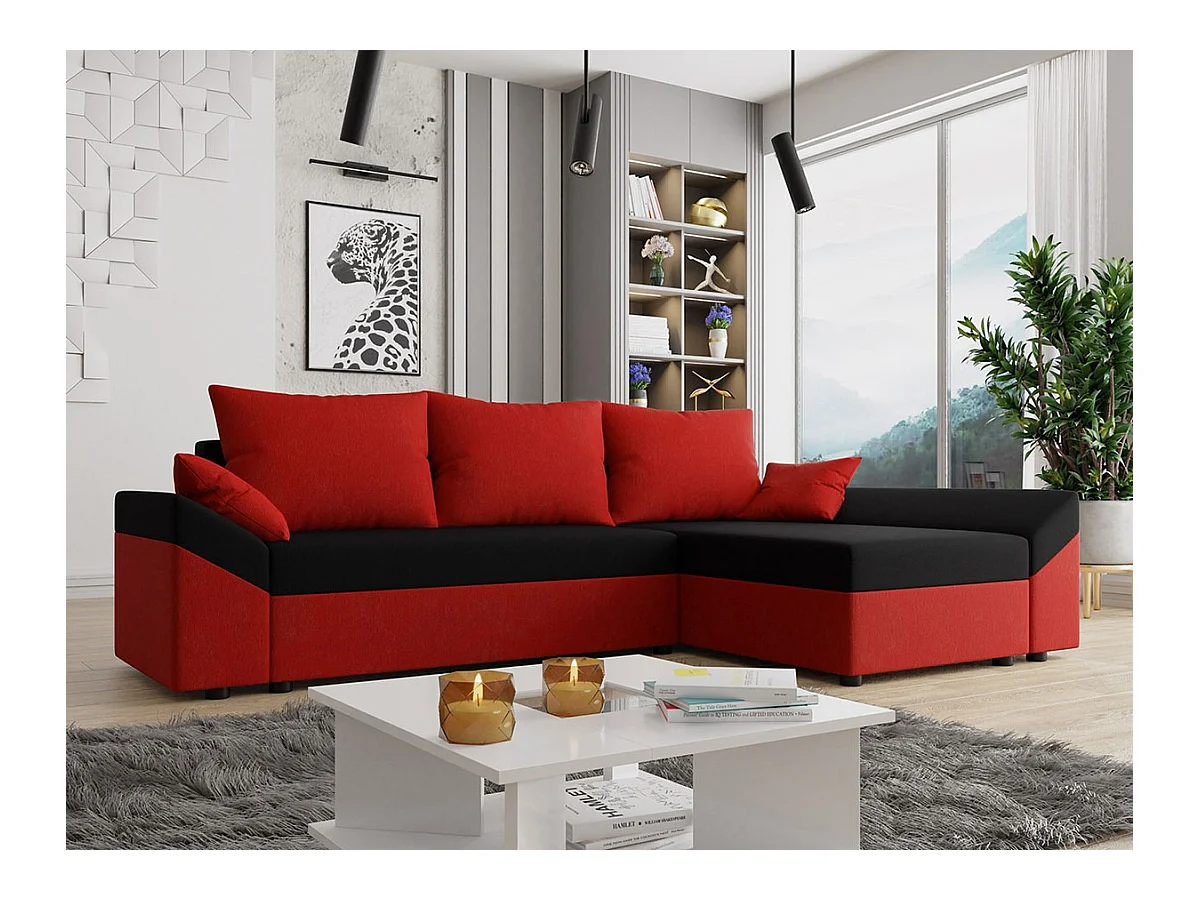Canapé d'angle Memphis 104, Rouge, Fonction de couchage, Boîte de literie, 240x140x82cm