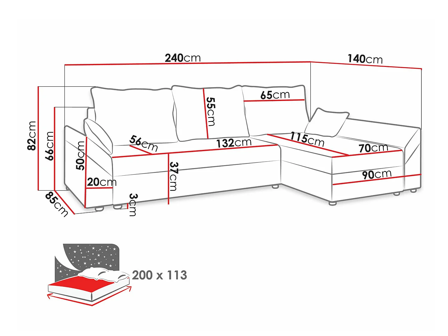 Canapé d'angle convertible 3 places en tissu rouge MEMPHIS