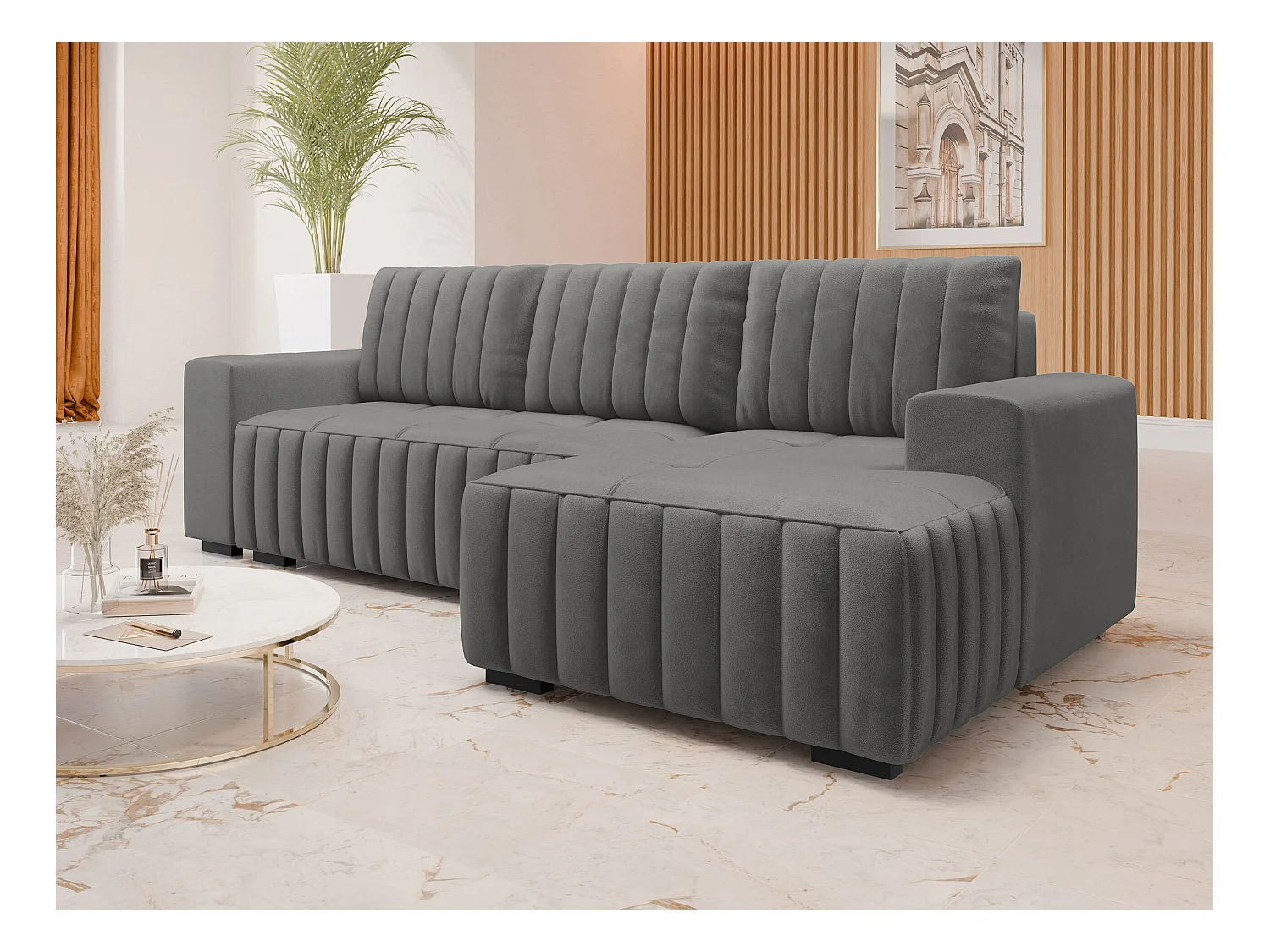 Canapé d'angle Columbus 154, Gris, Fonction de couchage, Boîte de literie, 240x140x85cm
