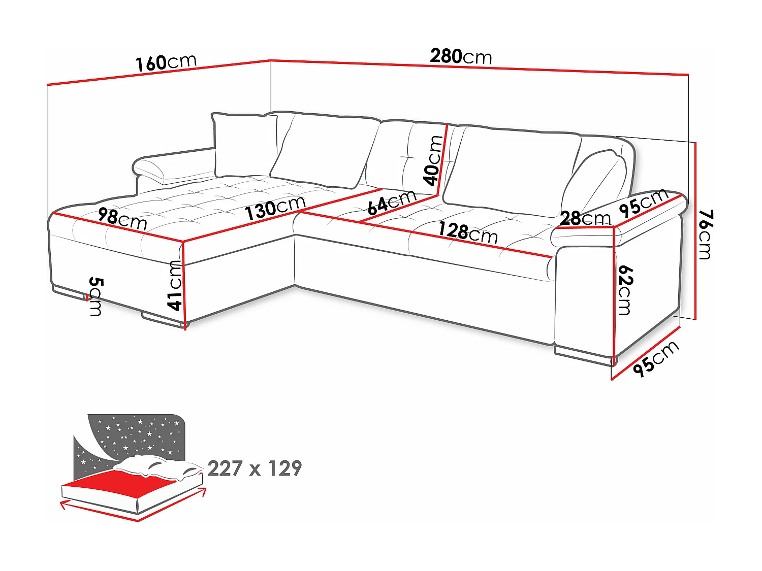 Sofá rinconero Comfivo 129, Gris, Función de descanso, Almacenaje, 277x158x76cm