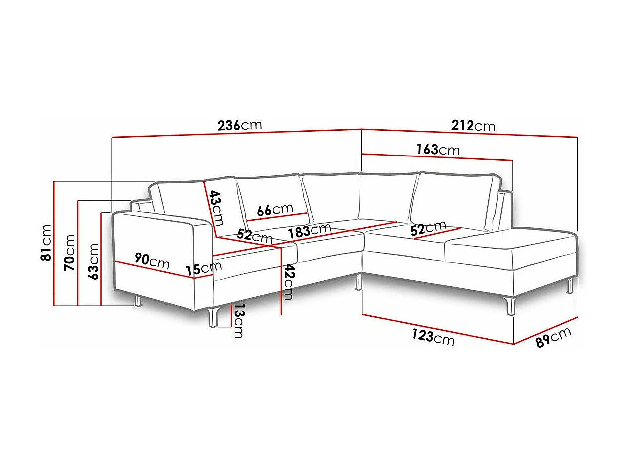 Canapé d'angle Providence 140, Noir, 236x212x81cm