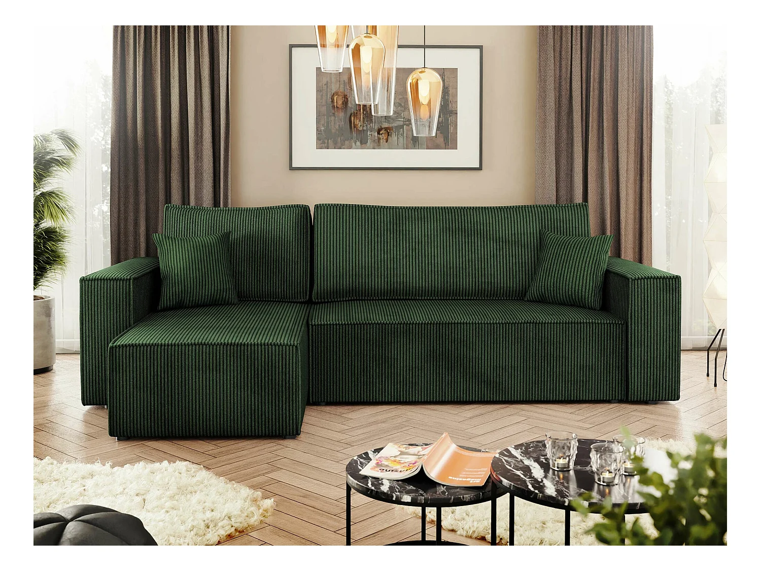 Canapé d'angle Shelton 100, Vert, Fonction de couchage, Boîte de literie, 244x145x82cm