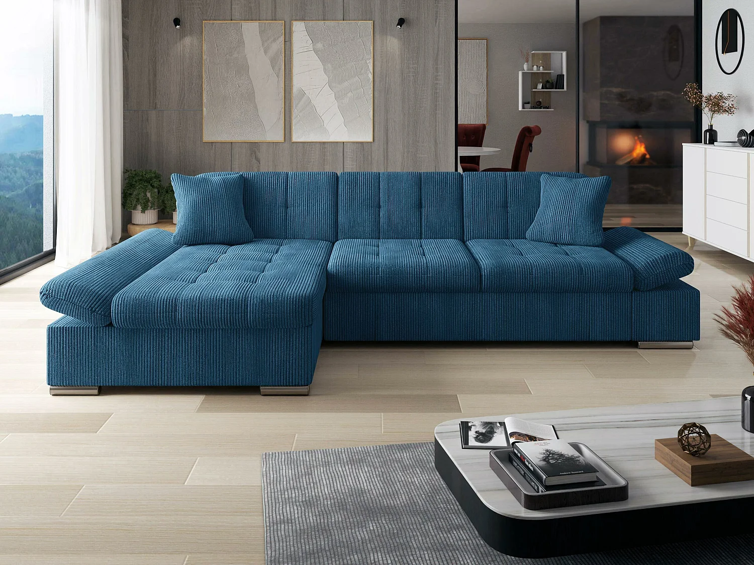 Sofá rinconero Comfivo Sanitas I, Azul, Función de descanso, Almacenaje, 278x161x76cm