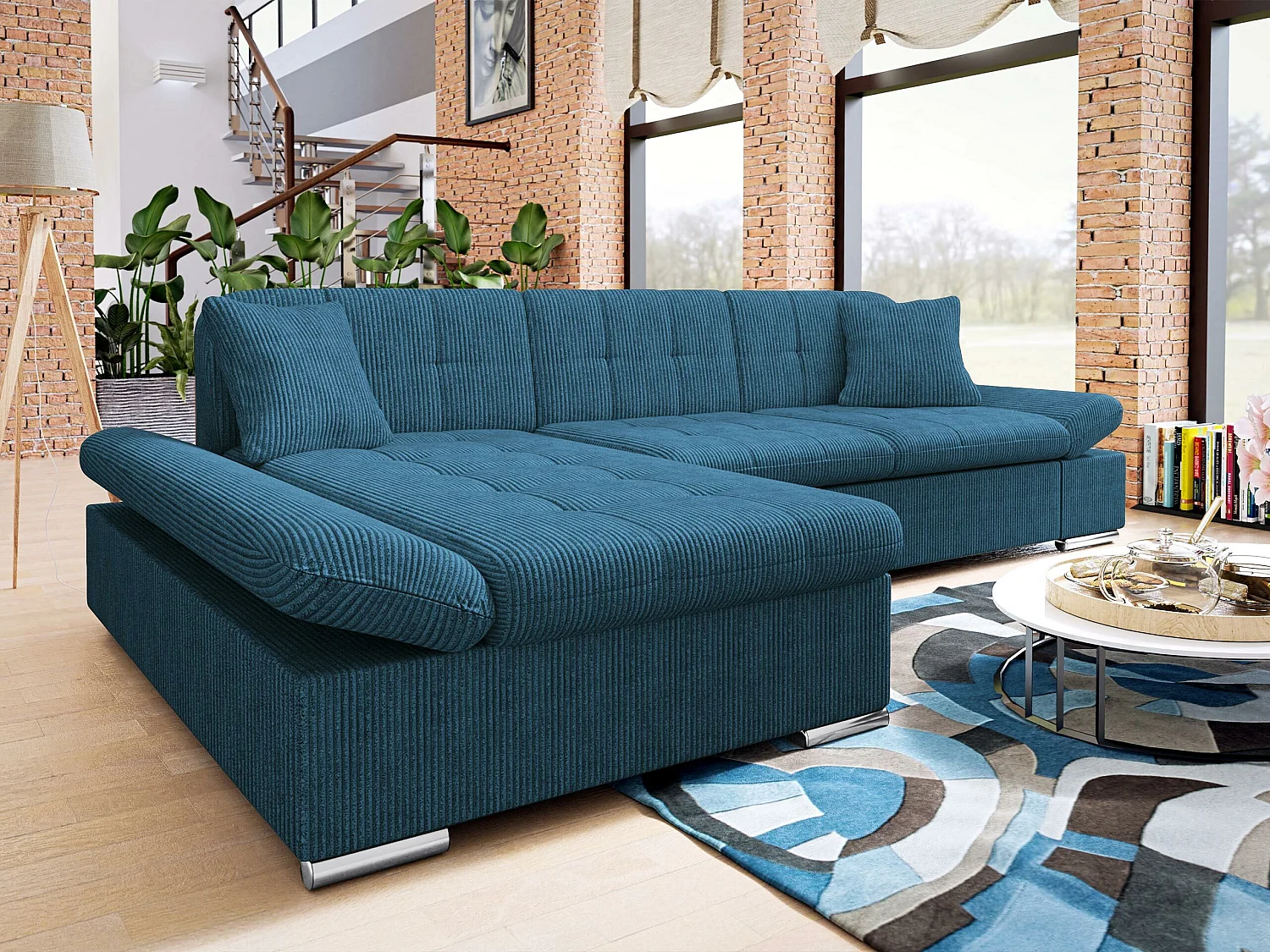 Sofá rinconero Comfivo Sanitas I, Azul, Función de descanso, Almacenaje, 278x161x76cm