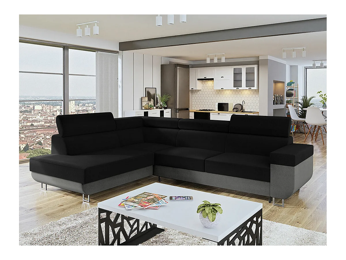 Canapé d'angle Comfivo 306, Noir, Fonction de couchage, Boîte de literie, 253x188x71cm