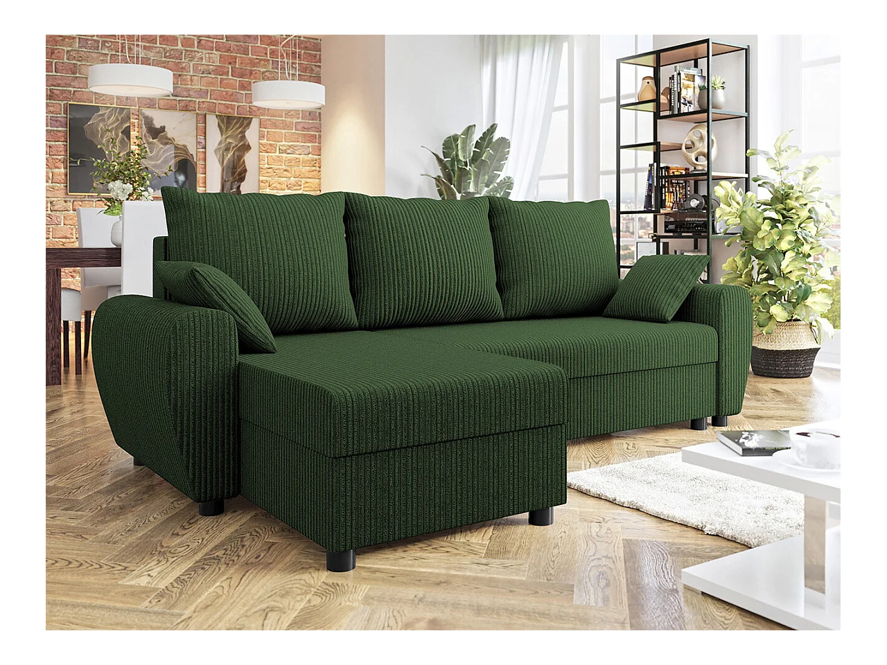 Canapé d'angle Memphis 123, Vert, Fonction de couchage, Boîte de literie, 242x139x83cm