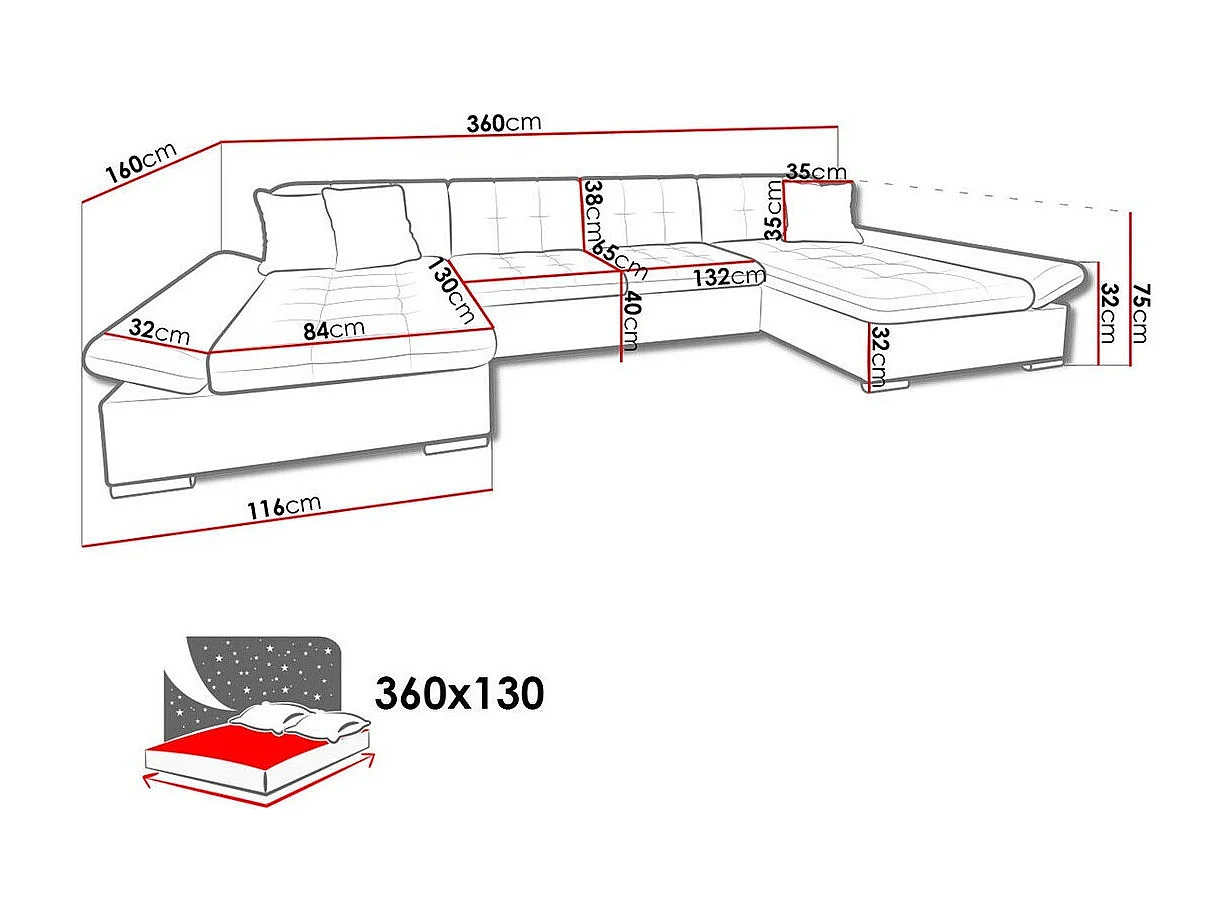 Sofá rinconero Comfivo 168, Gris, Función de descanso, Almacenaje, 360x160x75cm