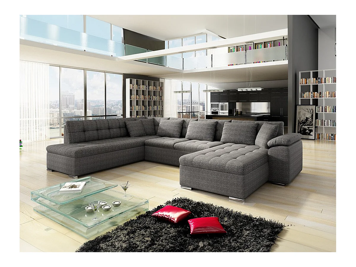 Canapé d'angle Comfivo 114, Gris, Fonction de couchage, Boîte de literie, 348x205x76cm
